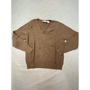 Kim Rogers Petite PL V-Neck Brown Knit Cotton Long Sleeve Sweater Tops USED